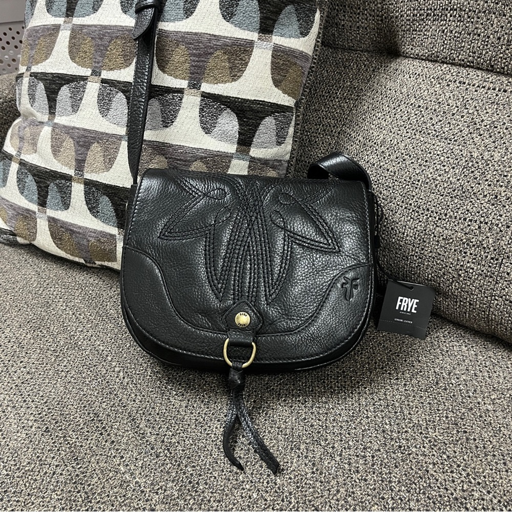 FRYE Charlene Embroidered Small Saddle Black Genuine Leather Crossbody Bag